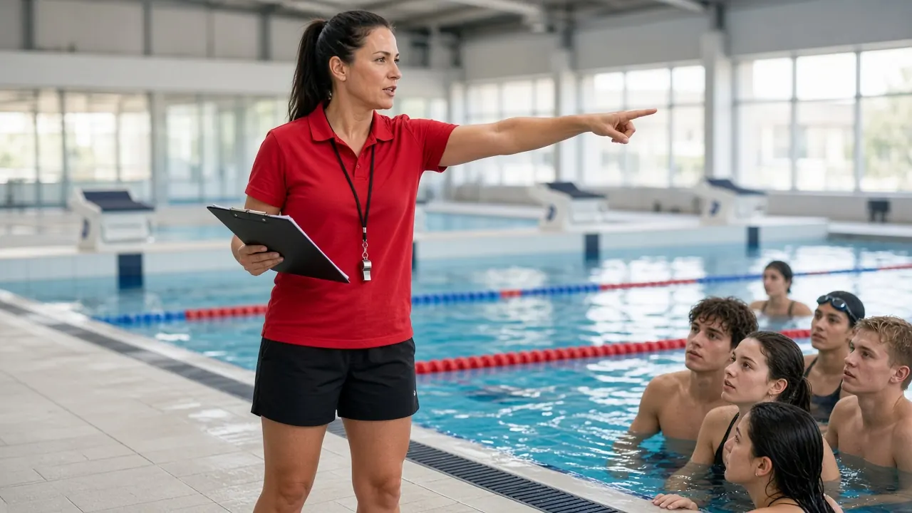 Lifeguard instructor with Lifeguard-Pro: instructor with whistle and clipboard teaching lifeguard students at a competitive pool